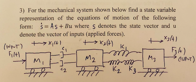 Solved 3) For the mechanical system shown below find a state | Chegg.com