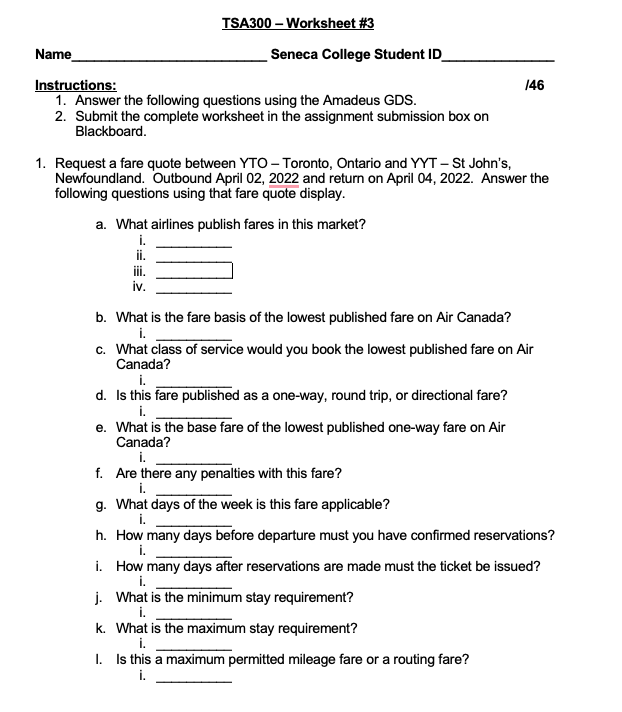 TSA300 - Worksheet #3 Name Seneca College Student ID | Chegg.com