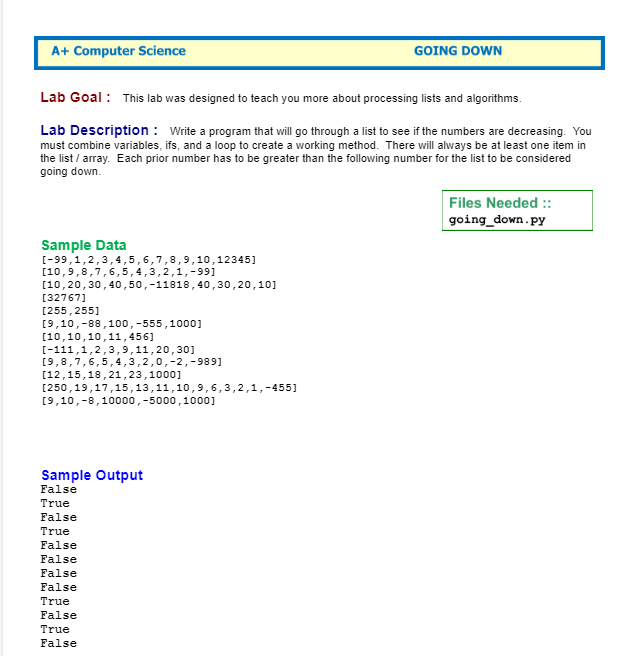 Solved A+ Computer Science GOING DOWN Lab Goal: This lab was | Chegg.com
