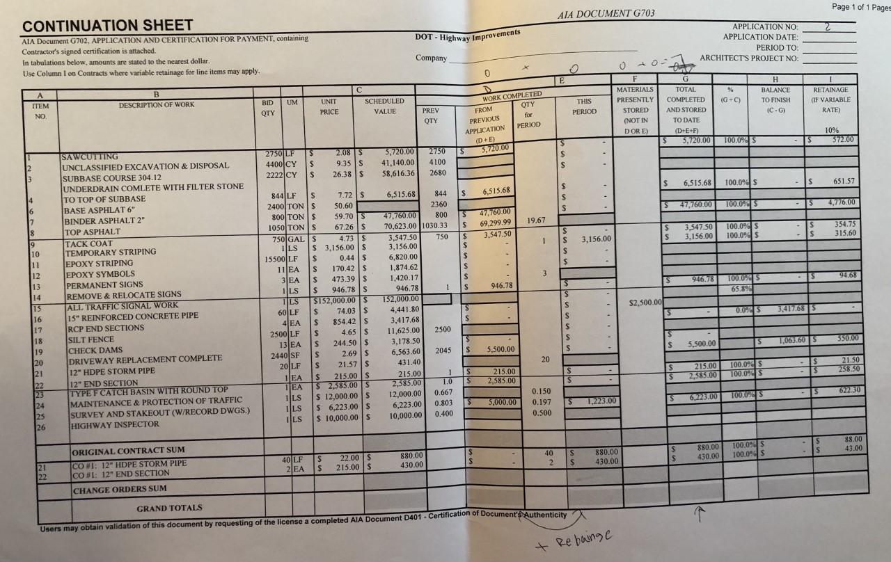 Page 1 of 1 Pages AIA DOCUMENT G703 2 DOT - Highway | Chegg.com