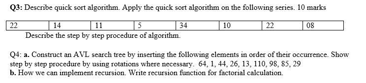 Solved Q3: Describe quick sort algorithm. Apply the quick | Chegg.com