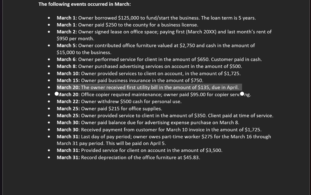 The Following Events Occurred In March March 1 Chegg