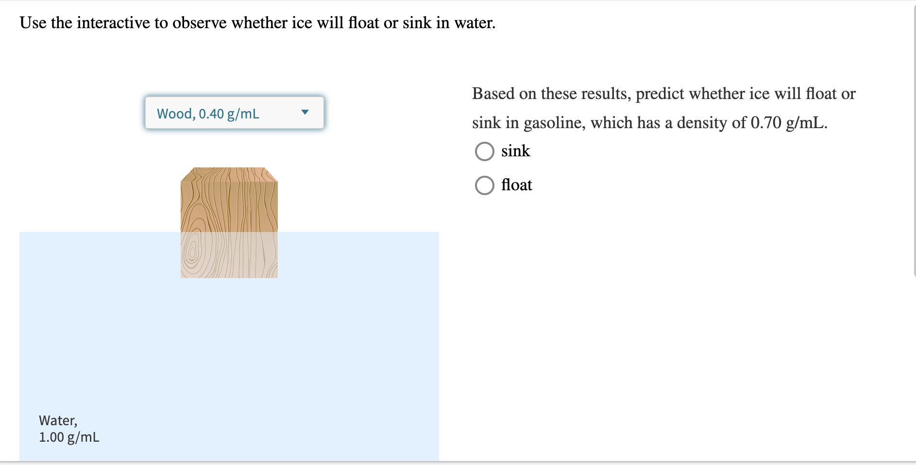 Solved Use the interactive to observe whether ice will float