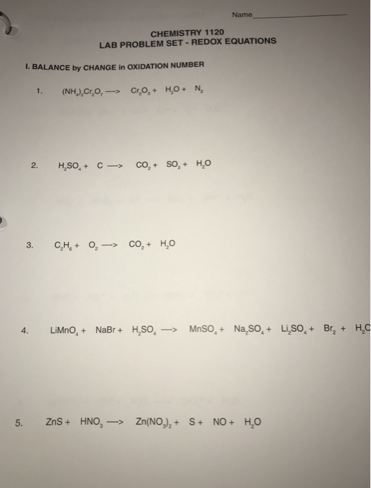 Solved Name_ CHEMISTRY 1120 LAB PROBLEM SET-REDOX EQUATIONS | Chegg.com