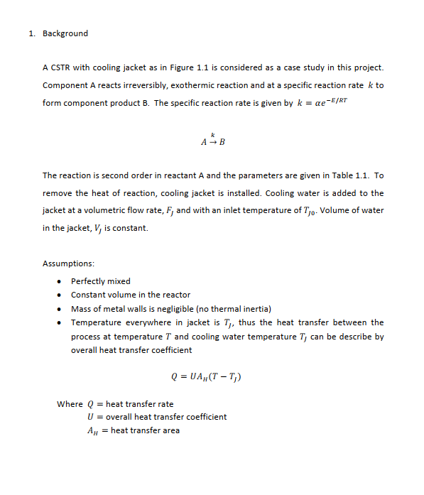 1 Background A Cstr With Cooling Jacket As In Figure Chegg Com