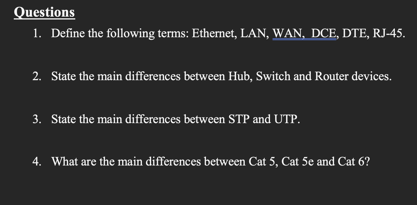 Solved 1. Define the following terms LAN, WAN,