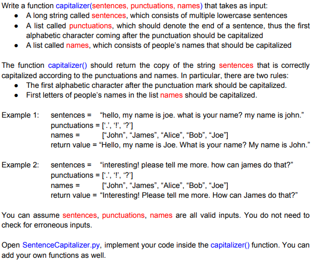 Solved Write A Function Capitalizer Sentences Punctuations Chegg Com