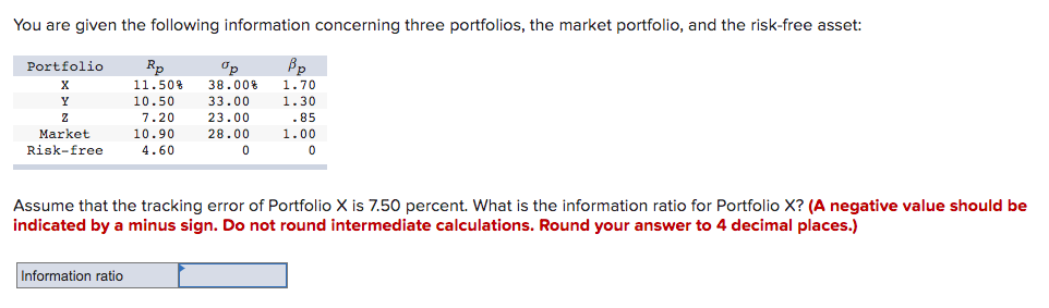 Solved Assume that the tracking error of Portfolio X is 7.50 | Chegg.com