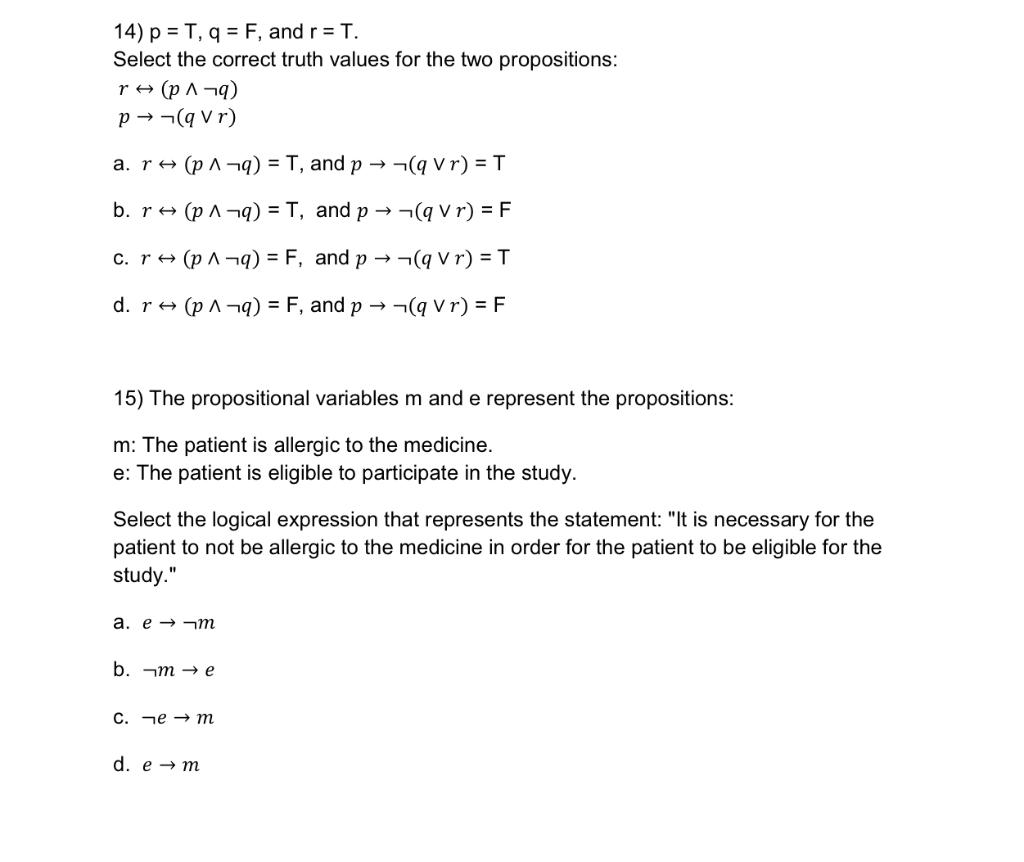 Solved 14 Ptqf And Rt Select The Correct Truth Values