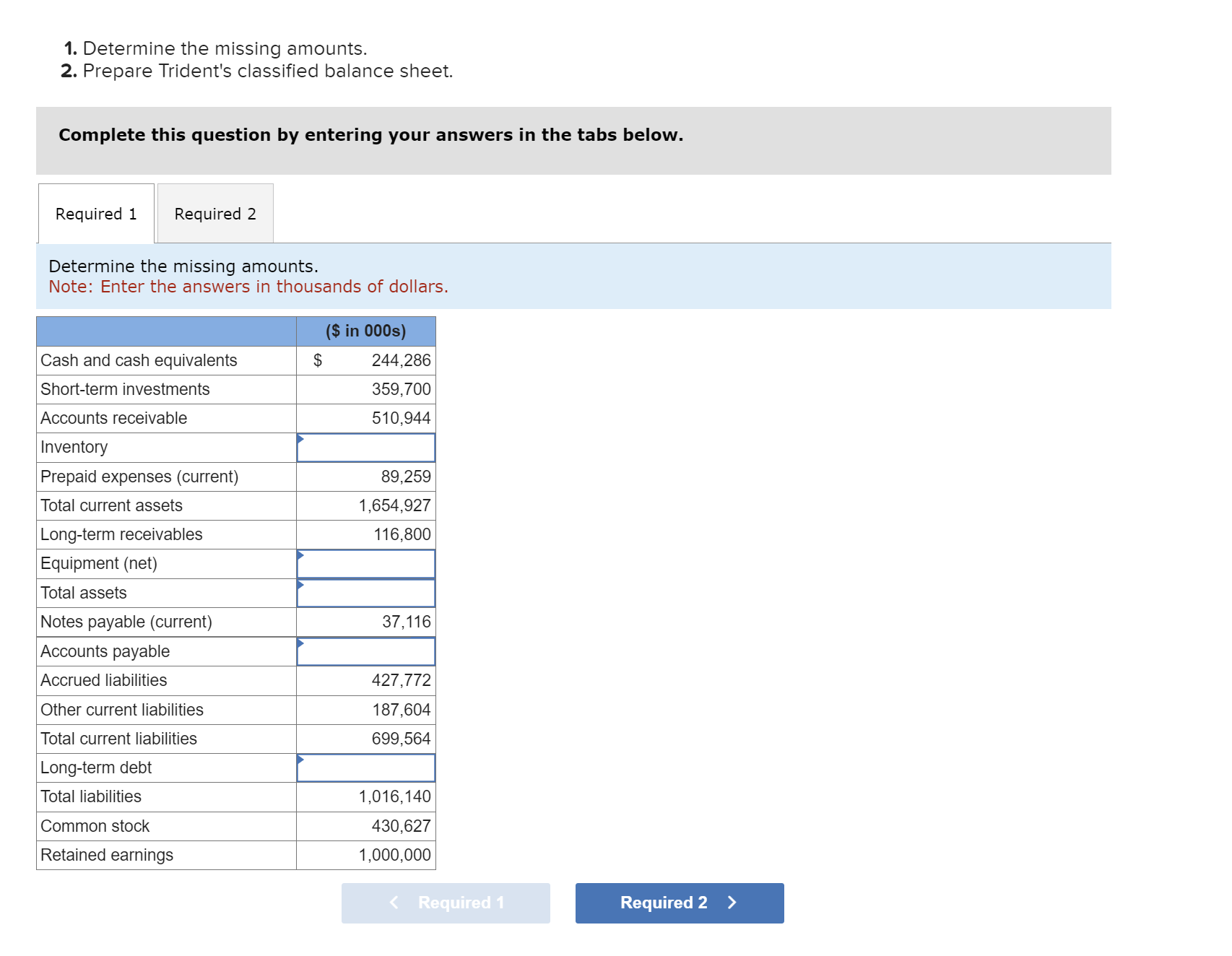 Solved Prepare Trident's classified balance sheet. 1.