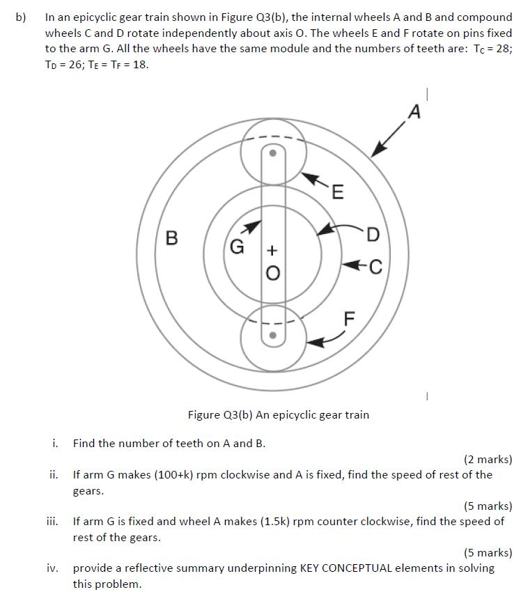 Solved B) In An Epicyclic Gear Train Shown In Figure Q3(b), | Chegg.com