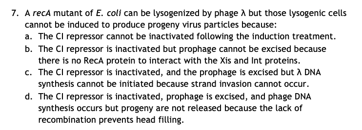 Solved 7. A recA mutant of E. coli can be lysogenized by | Chegg.com