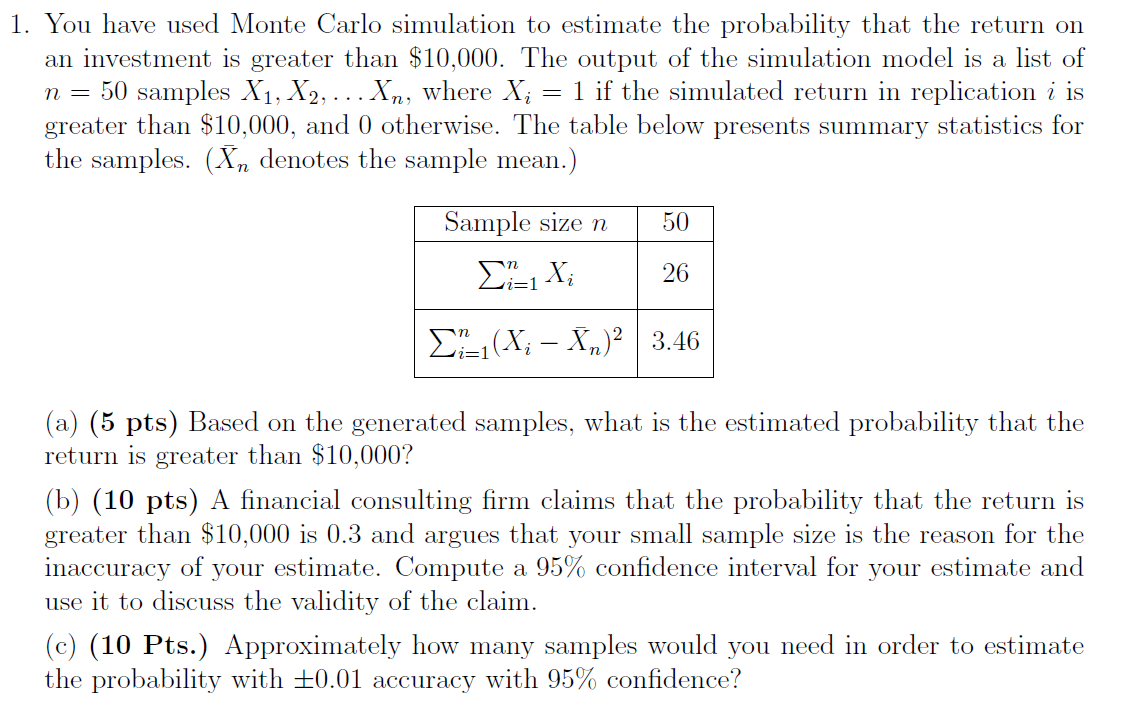 Solved 1. You have used Monte Carlo simulation to estimate | Chegg.com