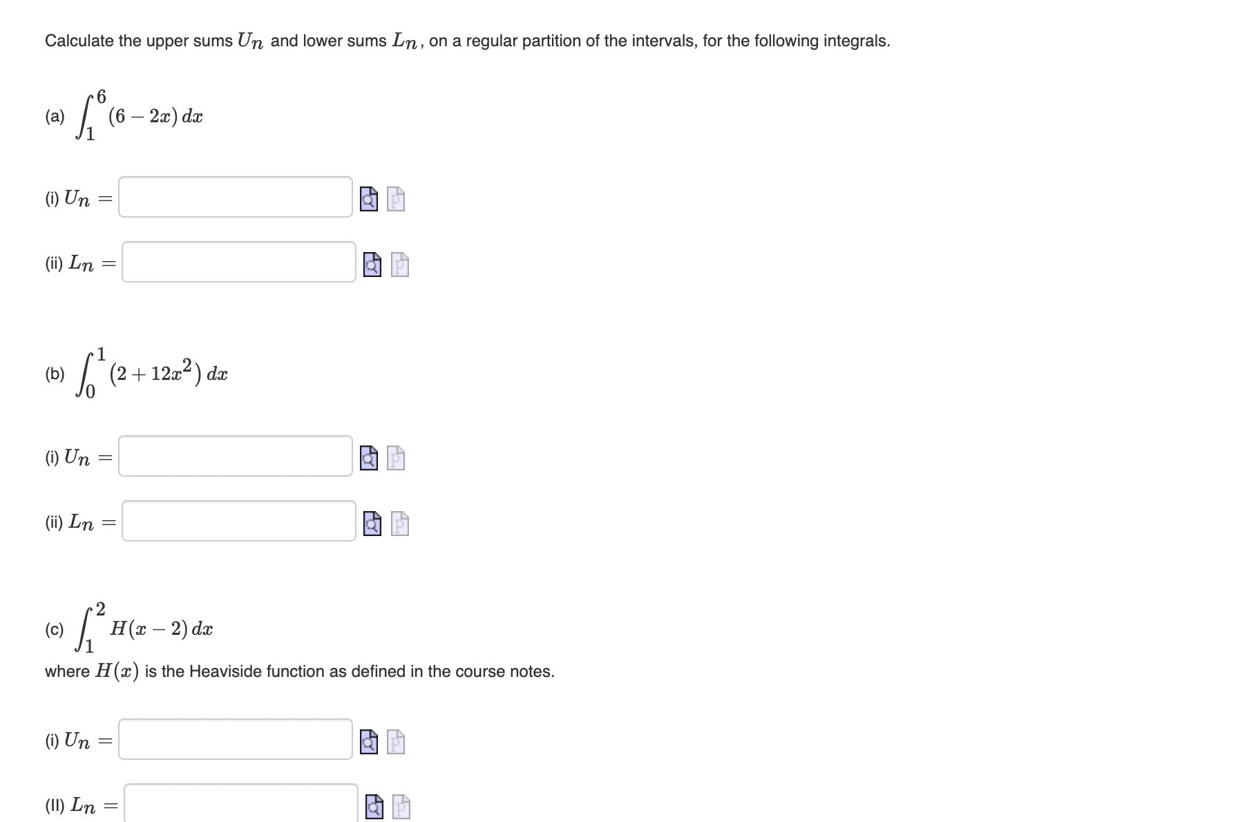 Solved Calculate the upper sums Un and lower sums Ln, on a | Chegg.com