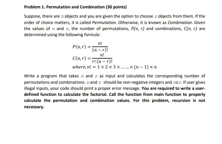 Solved Problem 1. Permutation And Combination (30 Points) | Chegg.com