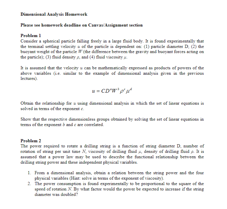 Solved Dimensional Analysis Homework Please see homework
