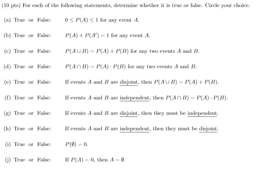 Solved (10 pts) For each of the following statements, | Chegg.com