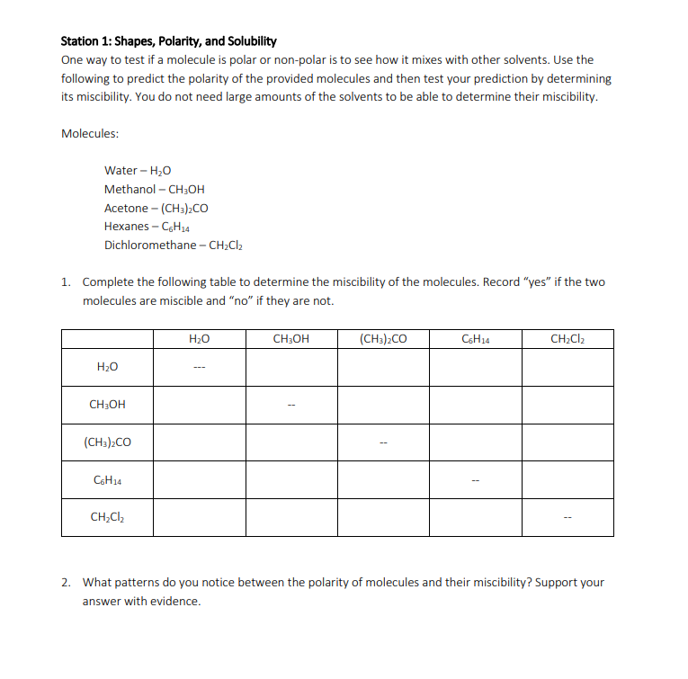 Solved Station 1: Shapes, Polarity, And Solubility One Way | Chegg.com
