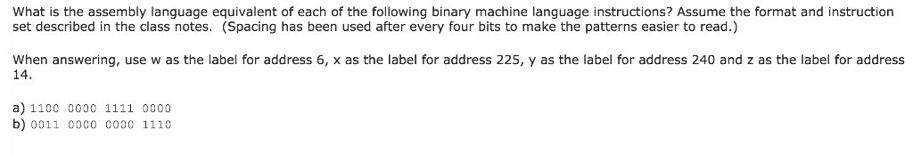 What is the assembly language equivalent of each of the following binary machine language instructions? Assume the format and