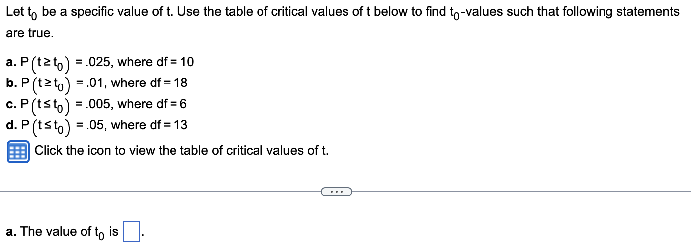 Solved Let t0 be a specific value of t. Use the table of | Chegg.com