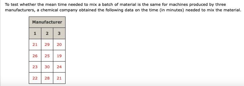 To test whether the mean time needed to mix a batch of material is the same for machines produced by three manufacturers, a c