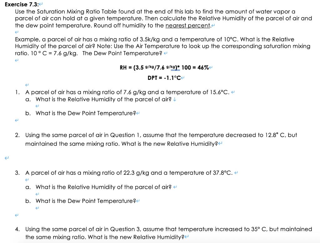 Solved: Exercise 7.3: Use The Saturation Mixing Ratio Tabl... | Chegg.com
