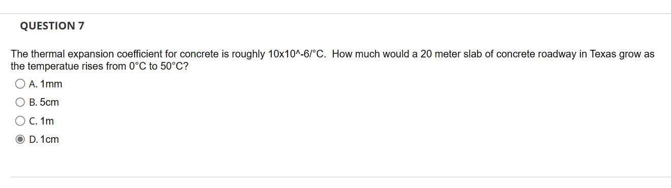 The thermal expansion coefficient for concrete is roughly \( 10 \times 10^{\wedge}-6 /{ }^{\circ} \mathrm{C} \). How much wou