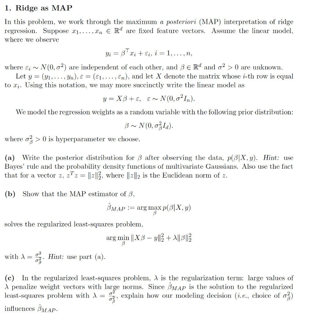 1. Ridge as MAP In this problem, we work through the | Chegg.com