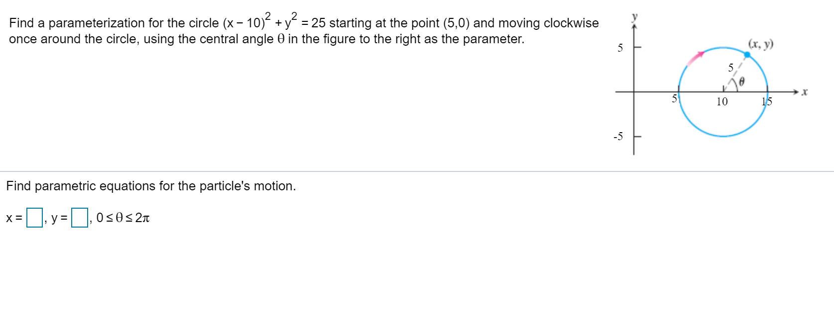 Solved Find a parameterization for the circle (x - 10)2 + y2 | Chegg.com