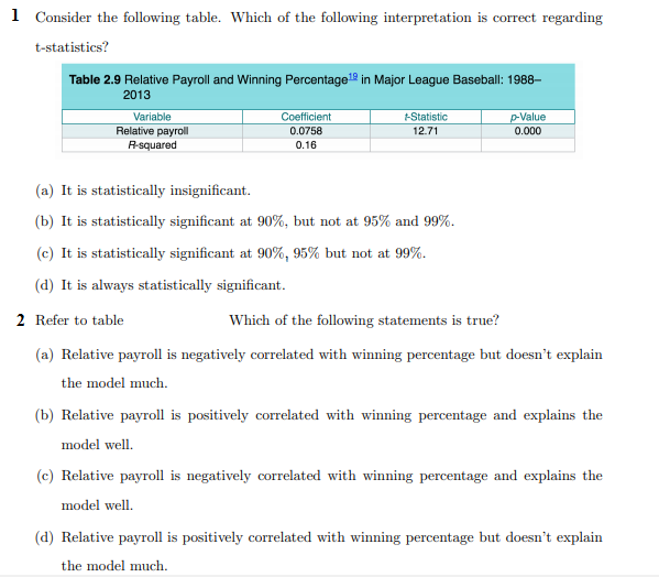 Solved 1 Consider the following table. Which of the | Chegg.com