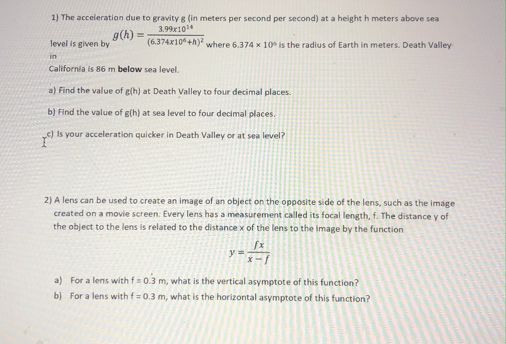 Solved = 1) The acceleration due to gravity g (in meters per | Chegg.com