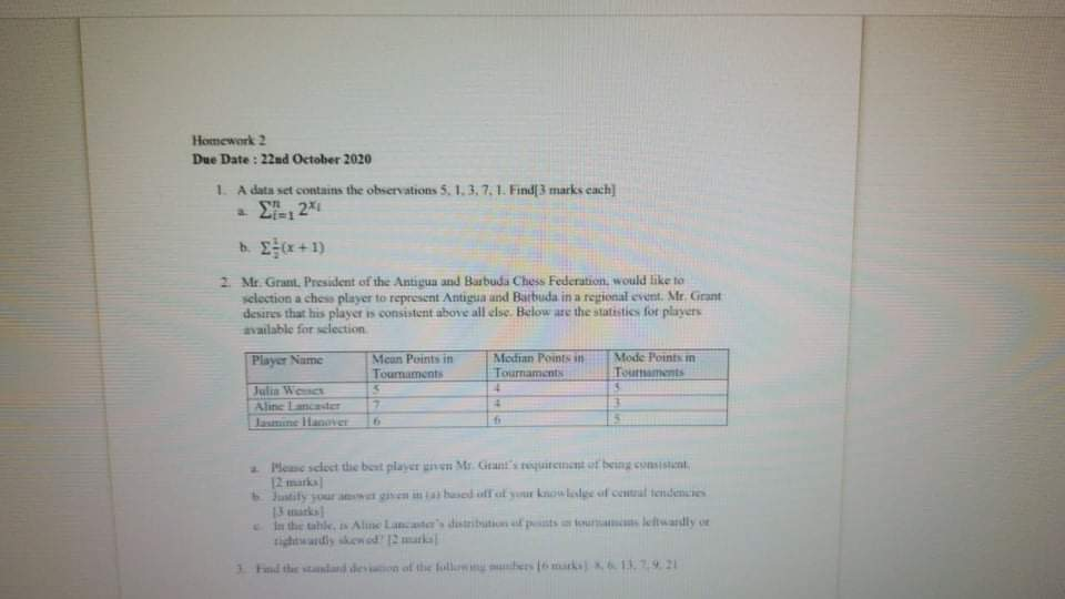 Solved Homework 2 Due Date: 22nd October 2020 1. A data set | Chegg.com