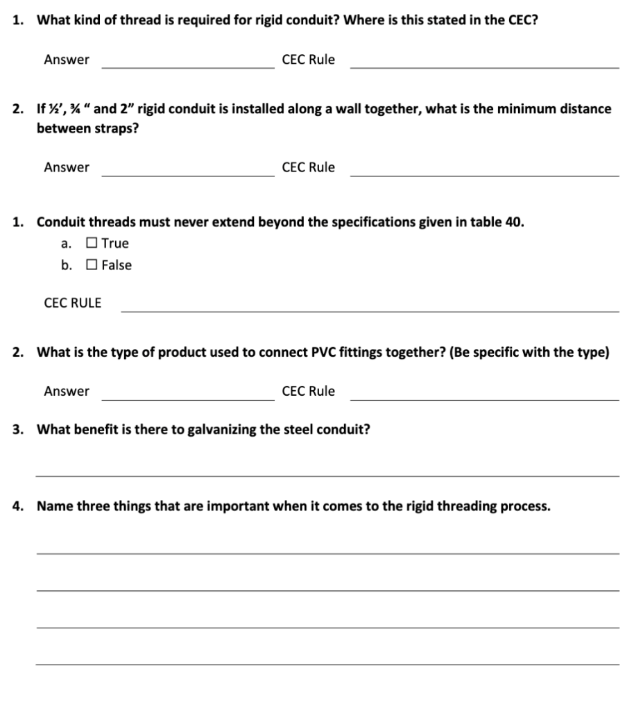 Solved 1. What kind of thread is required for rigid conduit?