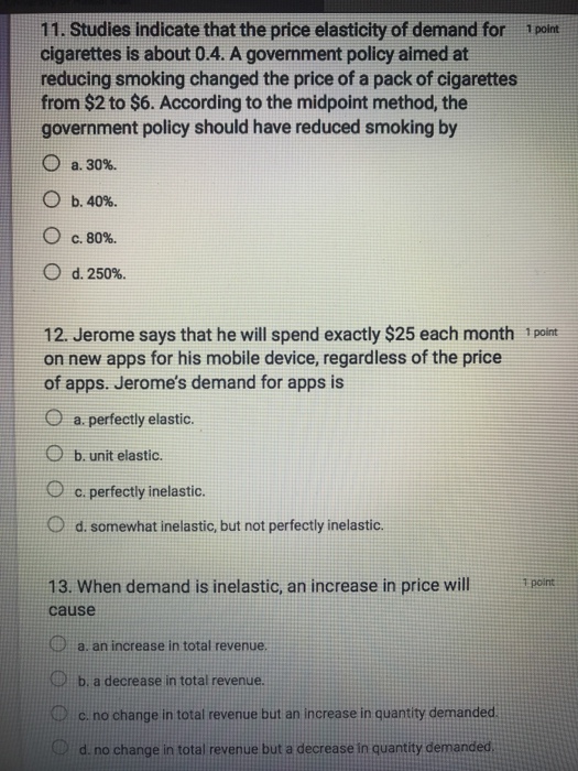 Solved 11. Studies indicate that the price elasticity of