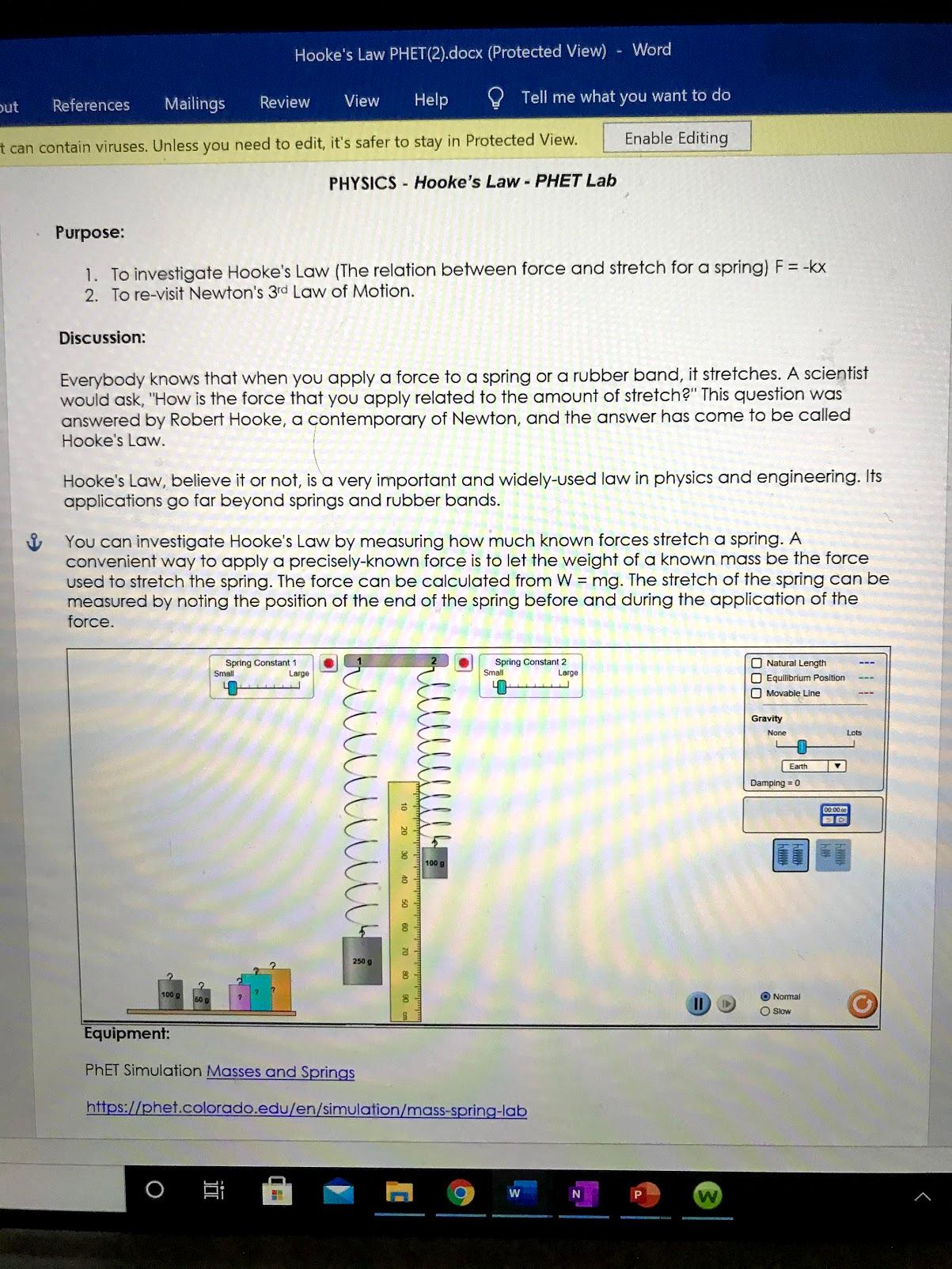 Solved Hooke's Law PHET(2).docx (Protected View) Word but
