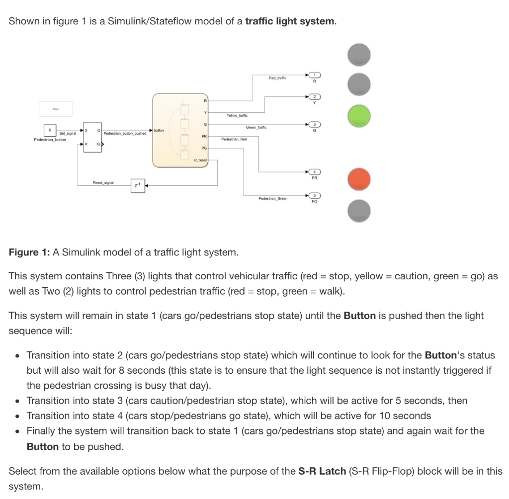 Shown in figure 1 is a Simulink/Stateflow model of a traffic light system.
Red traffic
G
button
Set signal
Pedestrian_button_