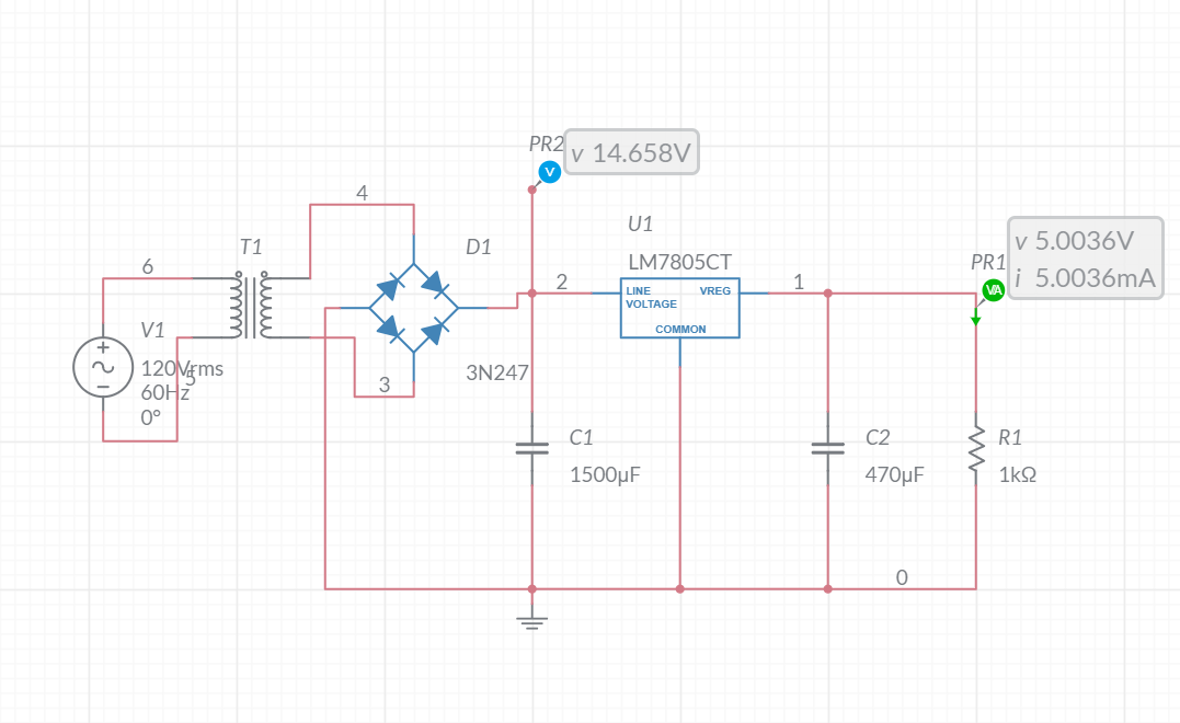 Solved PR2 v 14.658V 4 U1 T1 D1 6 LM7805CT v 5.0036V PR1 i | Chegg.com