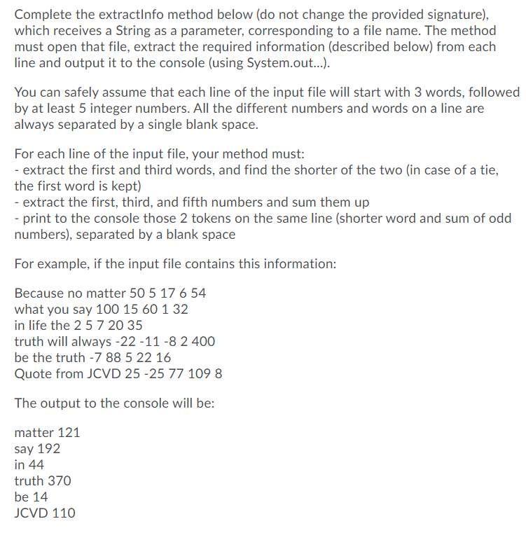 Solved Complete the extractinfo method below (do not change | Chegg.com