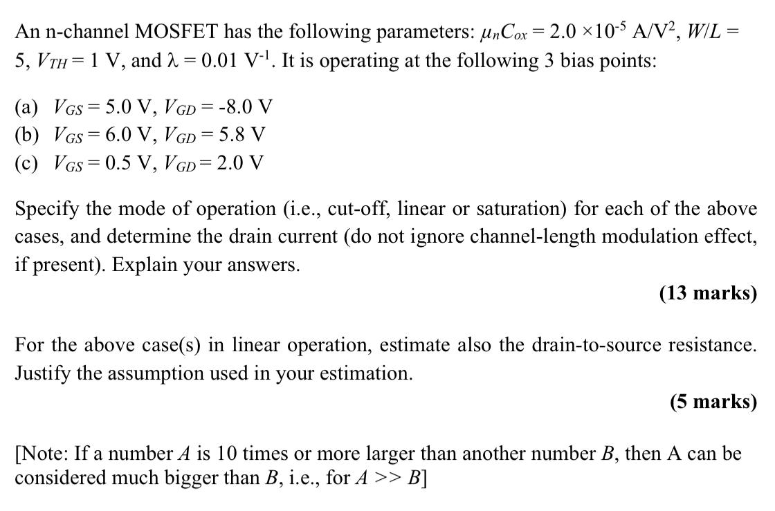 Solved An n-channel MOSFET has the following parameters: | Chegg.com