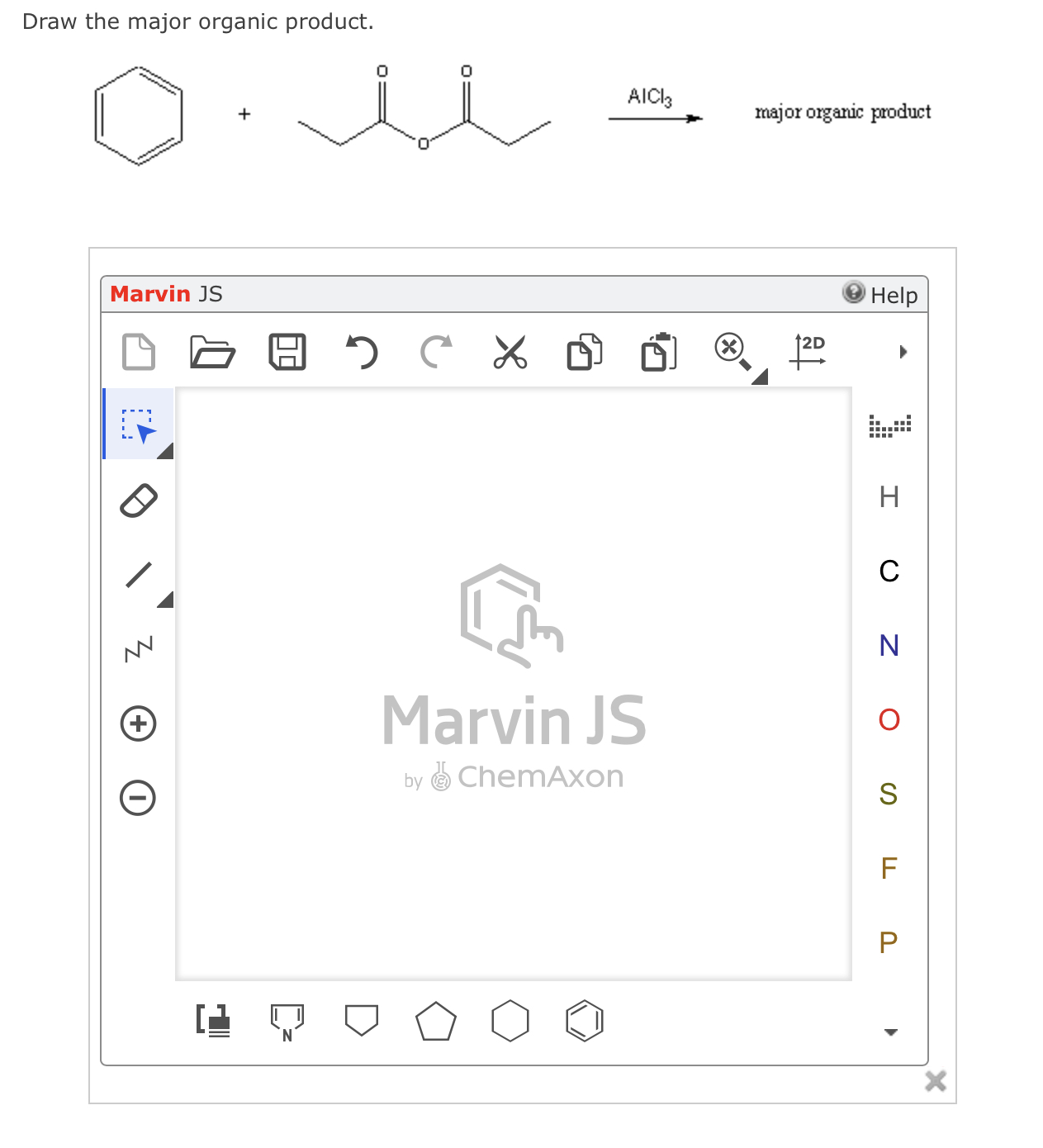 Draw the major organic product.
\( \stackrel{\mathrm{AICl}_{3}}{\longrightarrow} \)
major organic product
