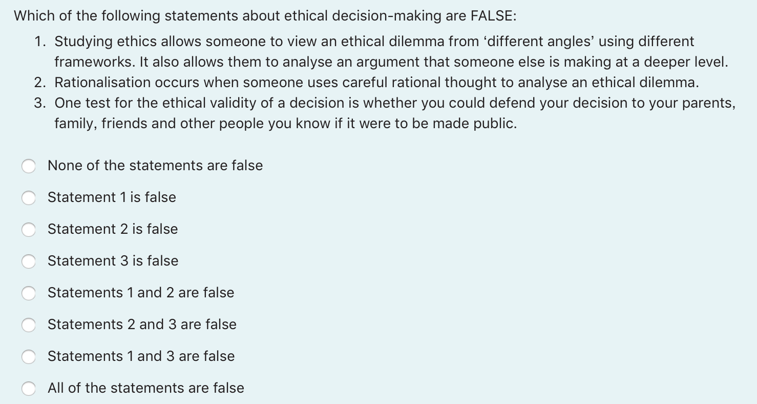 Solved Which Of The Following Statements About Ethical | Chegg.com