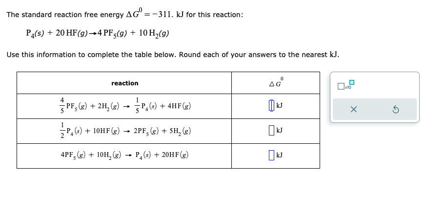 The standard reaction free energy \( \Delta G^{0}=-311 . \mathrm{kJ} \) for this reaction:
\[
\mathrm{P}_{4}(s)+20 \mathrm{HF