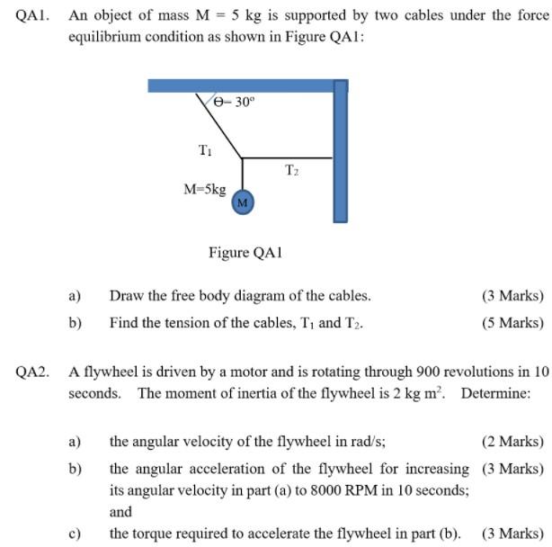 Solved QA1. An object of mass M=5 kg is supported by two | Chegg.com