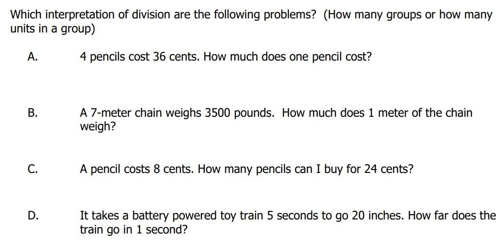 Solved Which interpretation of division are the following Chegg