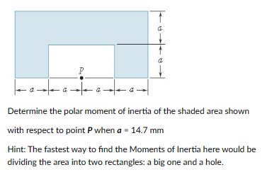 Determine the polar moment of inertia of the shaded area shown with respect to point \( P \) when \( a=14.7 \mathrm{~mm} \)