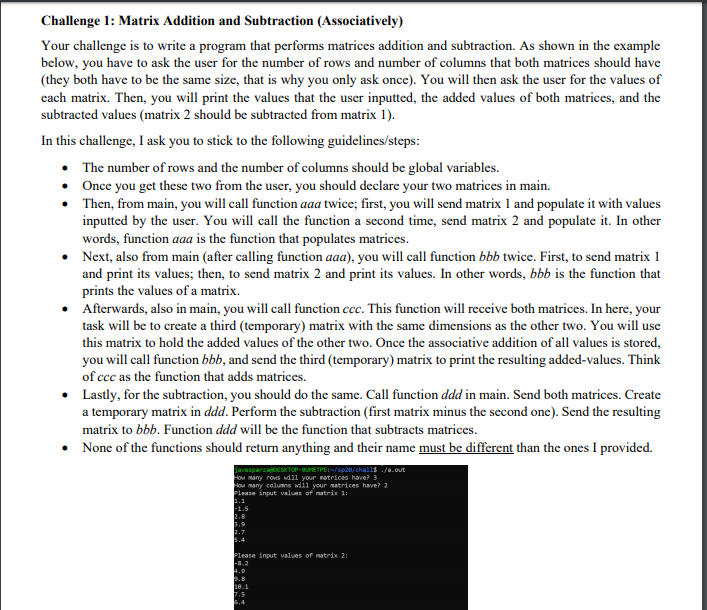 Solved Challenge 1: Matrix Addition and Subtraction | Chegg.com