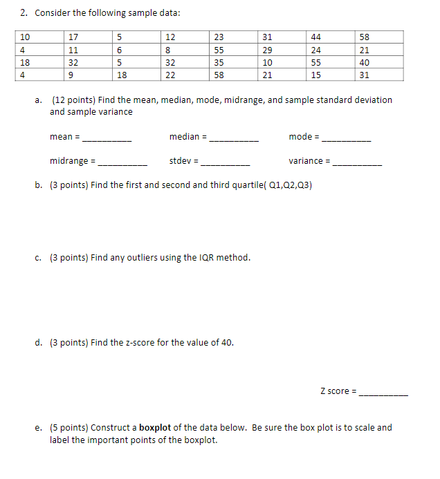 Solved 2. Consider the following sample data: 31 58 21 10 4 | Chegg.com