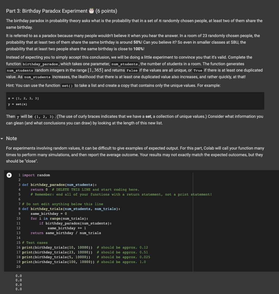 Solved Part 3: Birthday Paradox Experiment The birthday | Chegg.com
