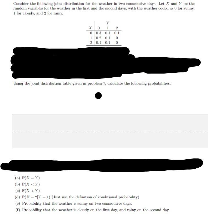 Solved Consider the following joint distribution for the | Chegg.com