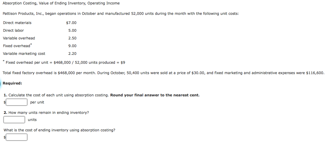 Solved Absorption Costing, Value Of Ending Inventory, | Chegg.com